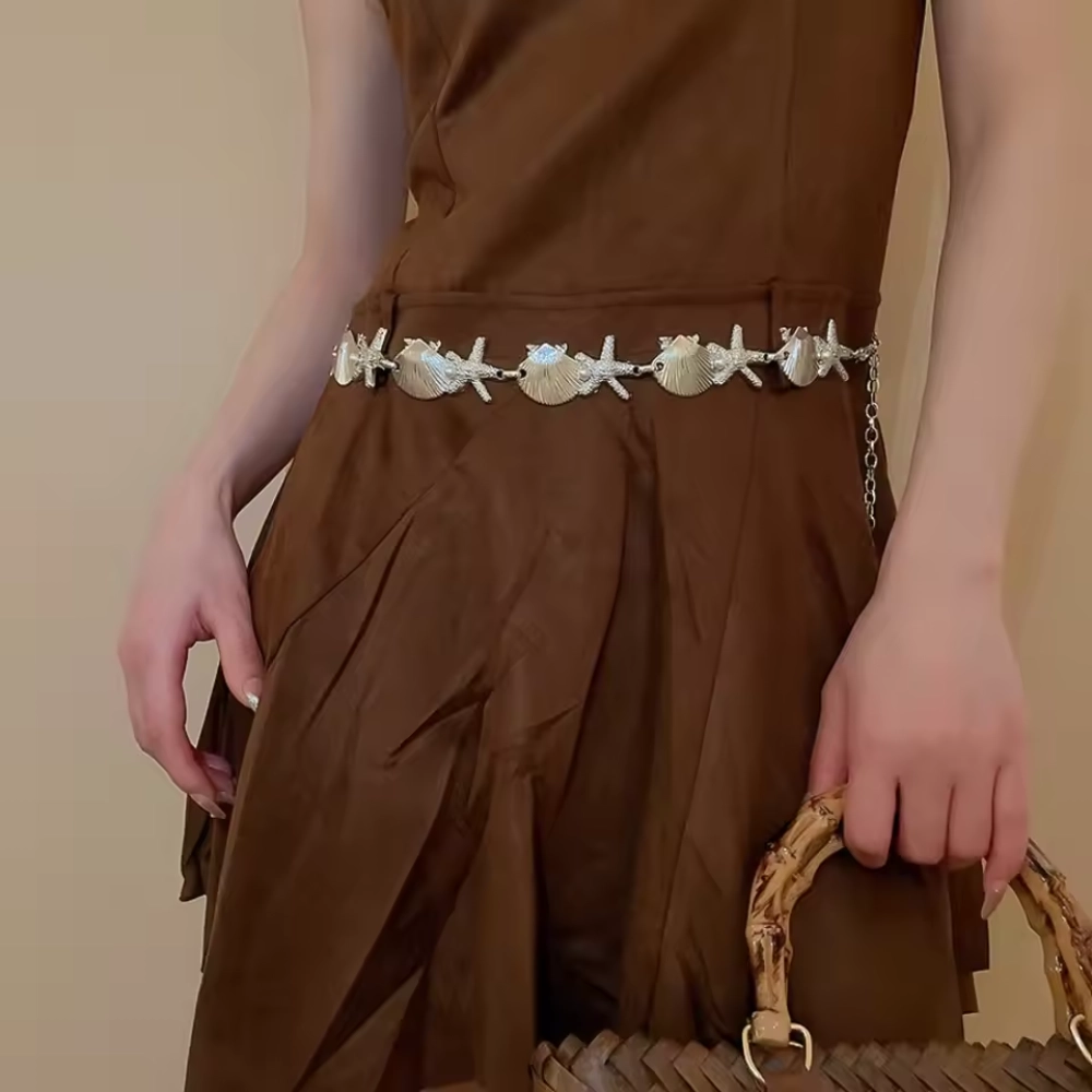 Sea Series Silver Bohemian Shell Starfish Waist Chain Belt Adjustable Pentagram