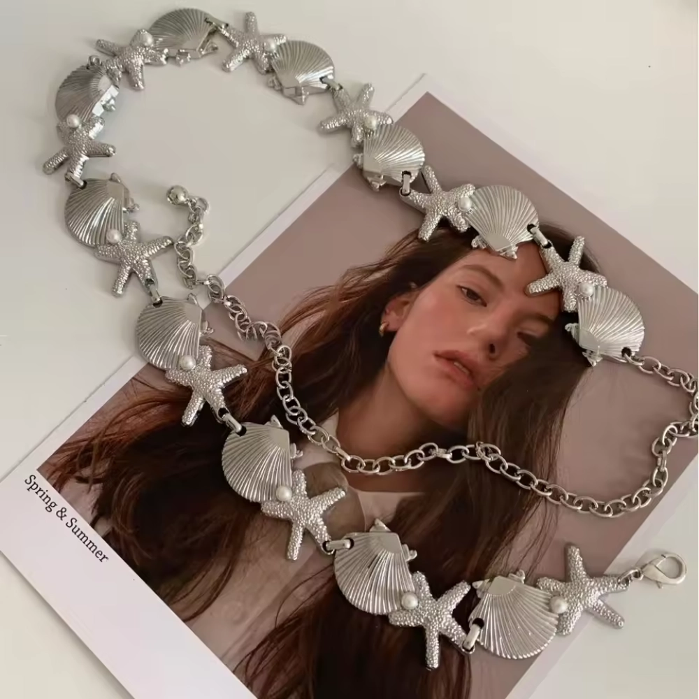 Sea Series Silver Bohemian Shell Starfish Waist Chain Belt Adjustable Pentagram