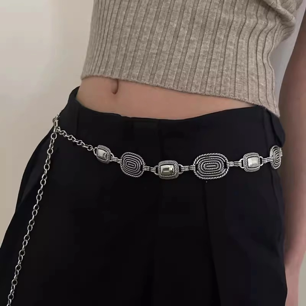 Rare 90s Vintage Silver Waist Chain Concho Belt Adjustable OS