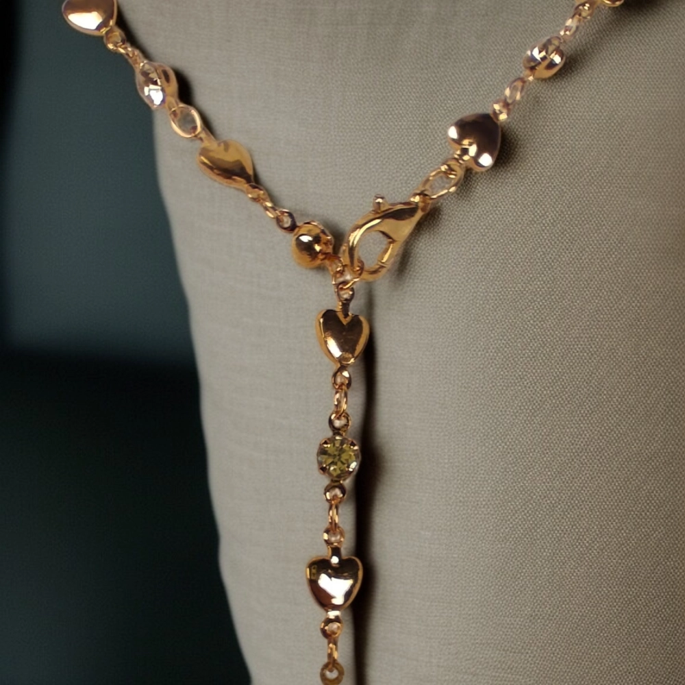 Heart and diamonds tassel necklace, 30 inch long