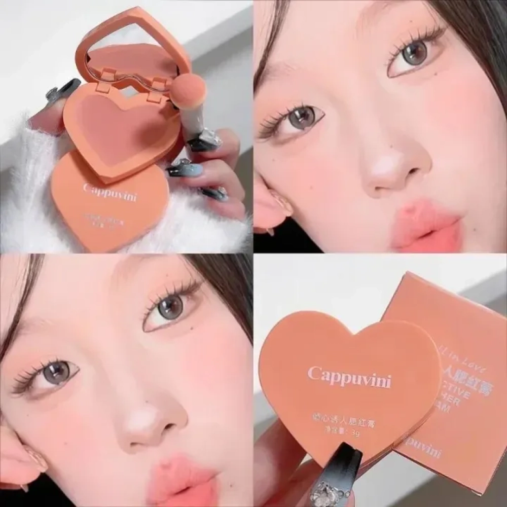 Cappuvini Alluring Cream Blush, Soft Matte Air Cushion Blusher with Mirror Almond