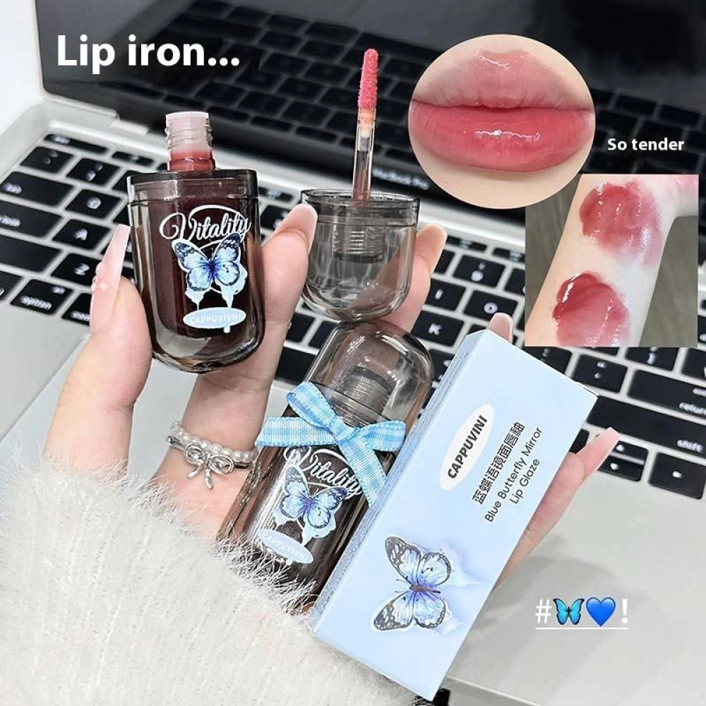 Cappuvini Blue Butterfly Mirror Lip Glaze, Glossy Glass Lip Gloss for Natural Makeup