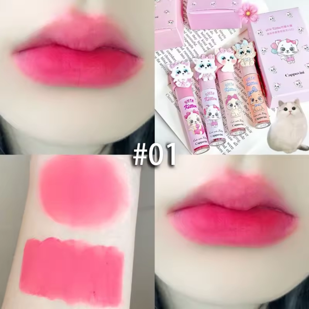 Cappuvini Cute Kitten Casual Lip Cosmetic Velvet Lip Mud, QUICK-DRY Sensitive Brighten Colorful Lip Mud #01