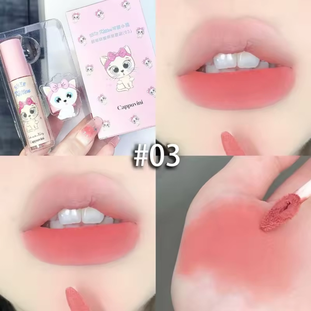Cappuvini Cute Kitten Casual Lip Cosmetic Velvet Lip Mud, QUICK-DRY Sensitive Brighten Colorful Lip Mud #03