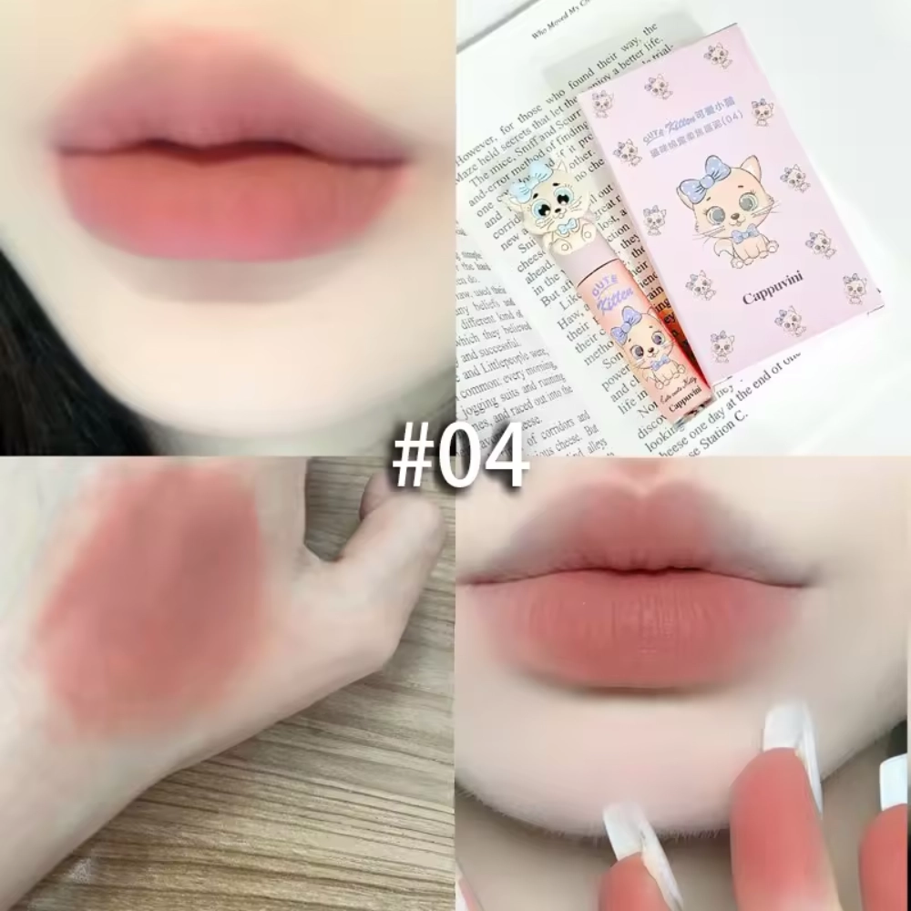 Cappuvini Cute Kitten Casual Lip Cosmetic Velvet Lip Mud, QUICK-DRY Sensitive Brighten Colorful Lip Mud #04